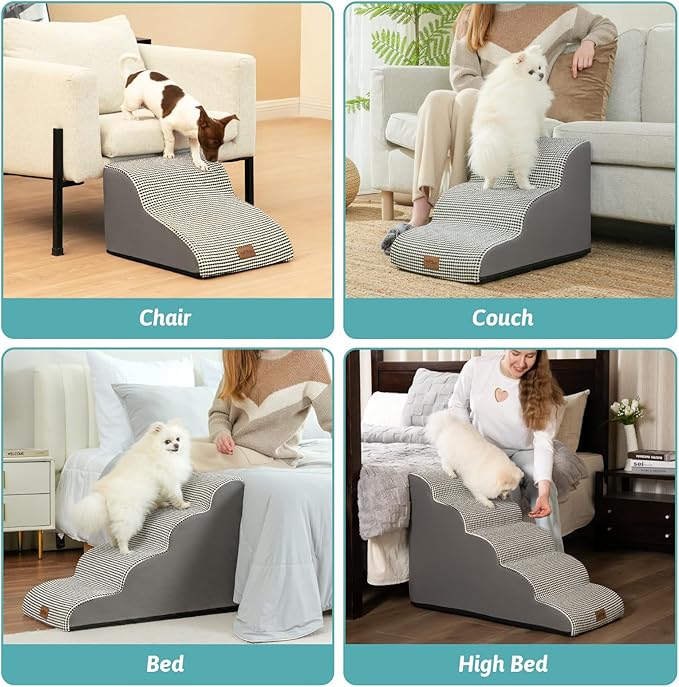 Dog Stairs for Small Dogs, Curved Pet Step with Leakproof Cover, High Density Foam Cat Ramp for Bed or Sofa, Lightweight, Durable, Comfort, 15.7x22.4x15.7 inch, 3 Tiers, White Black