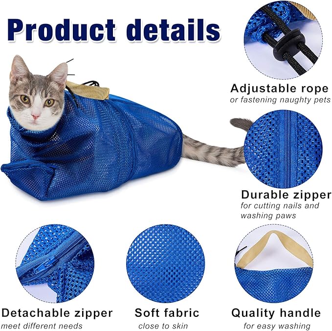 Weewooday 2 Pieces Cat Grooming Washer Mesh Bag Cat Muzzles Breathable Mesh Muzzles Adjustable Kitten Scratch Resistant Kitty Restraint Clothes Kitty Bath Bag for Bathing Nail Trimming Feeding(Blue)