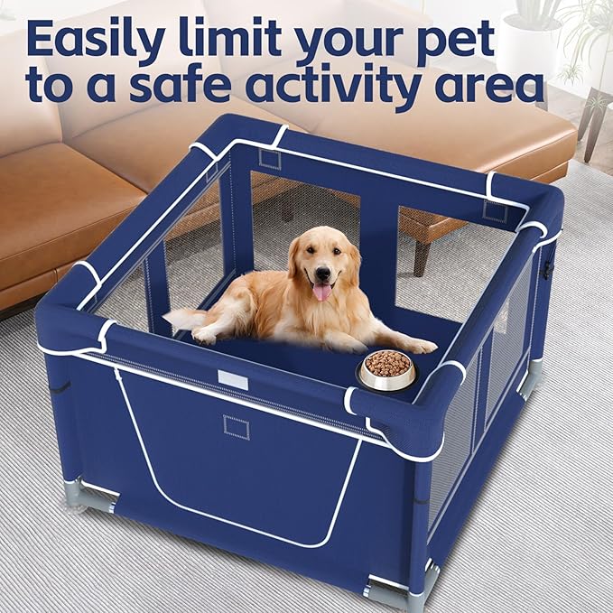 Puppy PlayPen 47x47x32 Inch, Dog Playpen with Gate for Puppies, Small and Medium Dogs, Pet PlayPen for Outdoors & Indoors, Tear Resistant Fabric