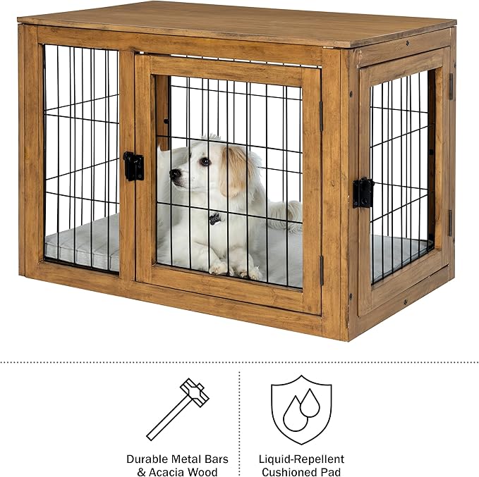 Furniture-Style Dog Crate - Acacia Wood Kennel for Medium Dogs with Double Doors and Cushion - Dog Cage Furniture by PETMAKER (Natural)