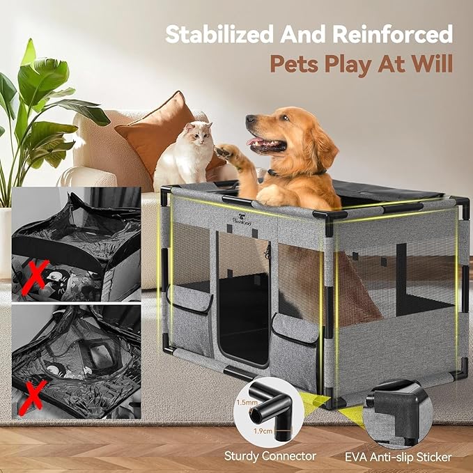 Cat Dog Playpen, 91x61x61cm Portable Puppy Playpen Dog Play Pen Indoors with Cover and Gate, Tear Resistant Thickened Fabric Waterproof Bottom Breathable Mesh Dog Fence, Gray & Black