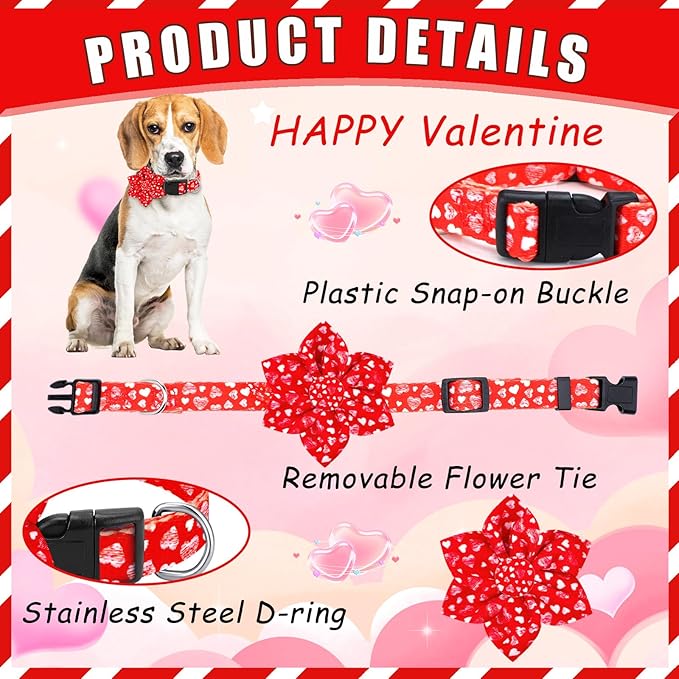 6 Pcs Valentine's Day Dog Collar with Flower Adjustable Valentine's Day Loving Heart Printed Collar for Dogs Holiday Safety Buckle Nylon Dog Collar for Female Male Small Medium Large Pet Dogs(Small)