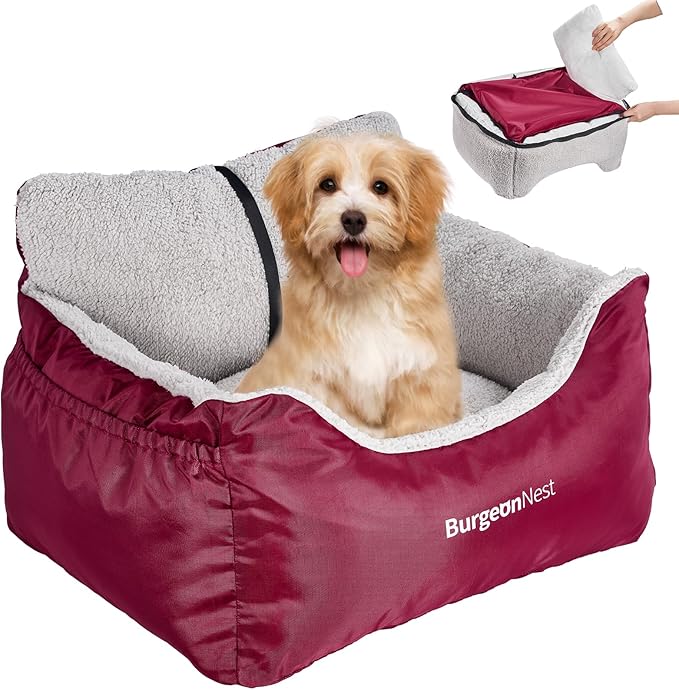 BurgeonNest Dog Car Seat for Small Dogs, Fully Detachable and Washable Carseats Under 25, Soft Booster Seats with Storage Pockets Clip-On Leash Portable Travel Carrier Bed Red (dbs-r)