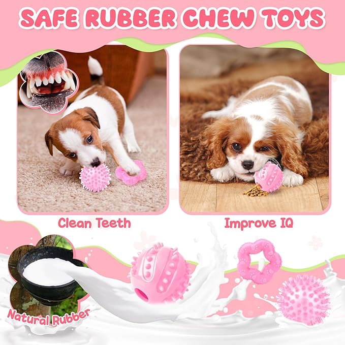 Zeaxuie Pink Puppy Toys for Teething, 9 Pack Small Dog Toys with Cute Puppy Chew Toys, Squeaky Crinkle Dog Toys, Treat Ball and Interactive Rope Toys