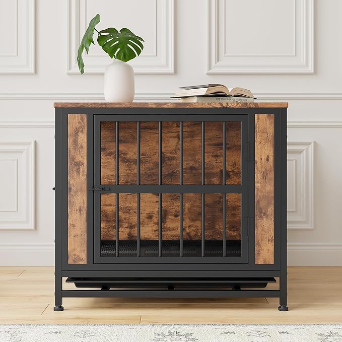 Ball & Cast 27.48" Wooden Dog Kennel with 2 Sliding Doors,Decorative Pet Crate Furniture with Pull-Out Tray,Thick Iron Frame Indoor Dog Cage for Small Dogs,Easy Assembly,Rustic Brown