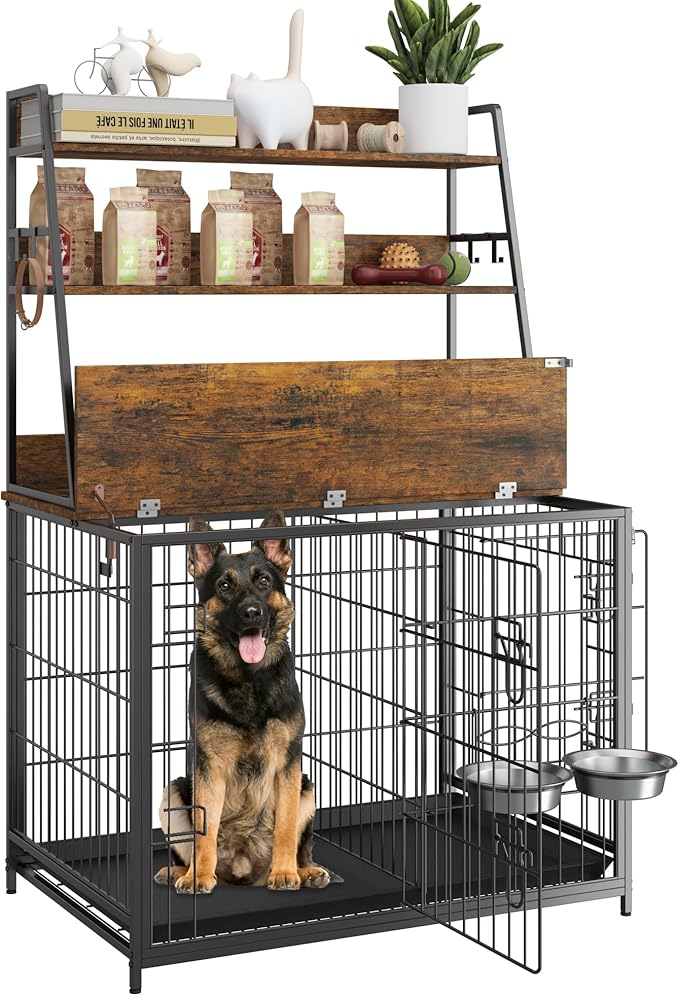 Furniture Style Dog Crate, Indoor Basic Dog Cage with 3-Layer Storage Shelves, Flip-up Top End Table Dog Cage, Dog Kennel Furniture with Adjustable Bowls, 37.4" L x 24.4" W x 57.1" H,Brown