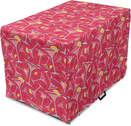Lunarable Drinks Dog Crate Cover, Exotic Pattern of Tropical Cocktail Party Glasses with Lemons Slice, Easy to Use Pet Kennel Cover for Medium Large Dogs, 48 Inch, Dark Coral Multicolor
