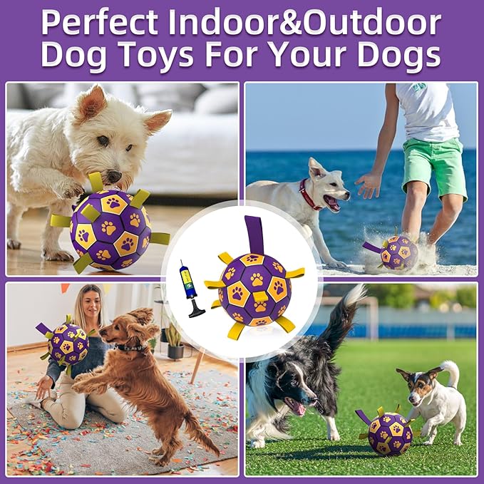 QDAN Dog Ropes Toys Soccer Ball with Straps, Interactive Dog Toys for Tug of War, Puppy Birthday Gifts, Dog Tug Toy, Dog Water Toy, Durable Dog Balls for Small & Medium Dogs(6 Inch)
