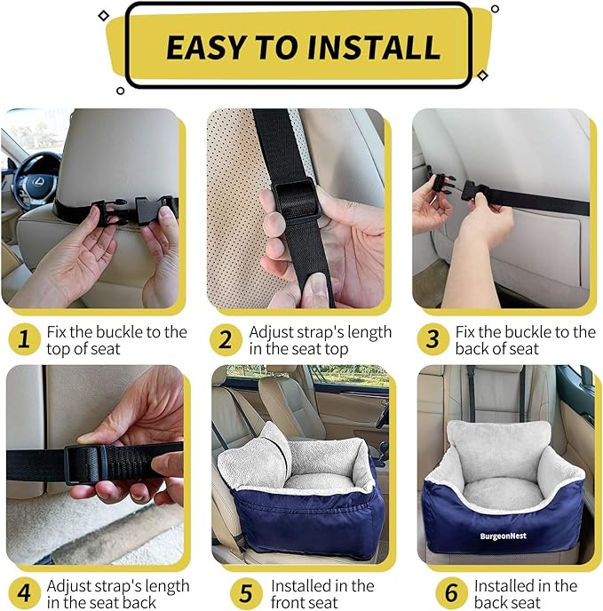 BurgeonNest Dog Car Seat for Small Dogs, Fully Detachable and Washable Dog Carseats Small Under 25, Soft Dog Booster Seats with Storage Pockets and Clip-On Leash Portable Dog Car Travel Carrier Bed