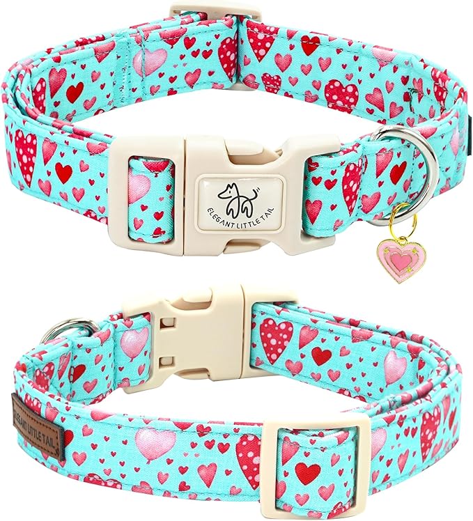 Elegant little tail Valentine's Day Dog Collar-Cute Pink Heart Dog Collar for Medium Dogs, Female or Male Adjustable Cotton Pet Collar with Quick Release Buckle for Small Medium Large Dogs