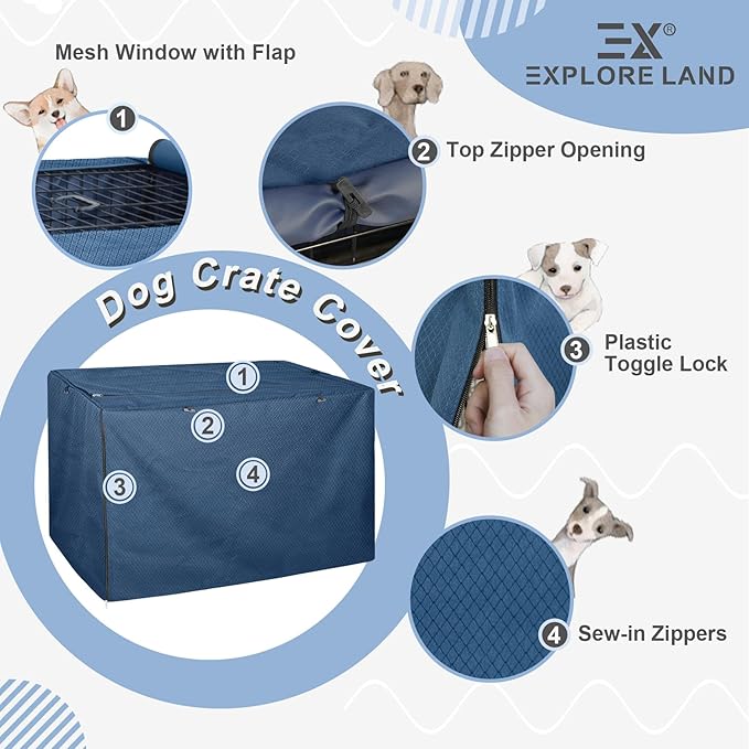 Explore Land Dog Crate Cover for 48 Inches Wire Cage, Heavy-Duty Lattice Pet Kennel Enclosure Compatible with 1 2 3 Doors Standard Metal Cage (Blue)