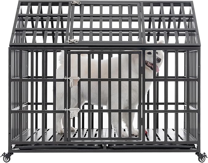 52" Metal Dog Cage with 4 Lockable Wheels, Heavy Duty Dog Kennel with Doors and Roof for Large Dogs, Black