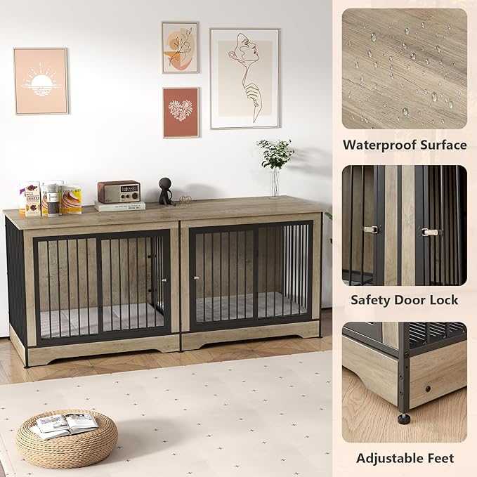 Rovibek 75 Inch Double Dog Crate Furniture with Double Doors, Removable Divider for Large Medium Dogs, Grey