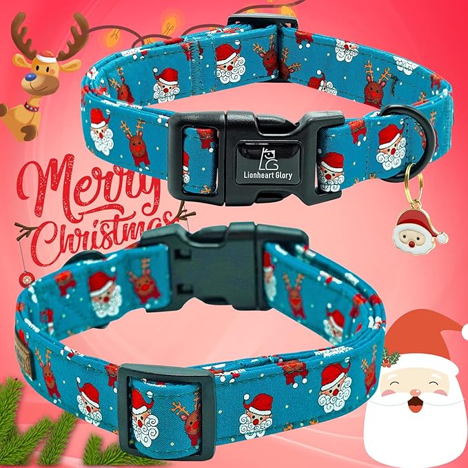 Lionheart glory Christmas Dog Collar, Blue Christmas Santa Deer Dogs Collar Adjustable Soft Comfortable Collars for Large Dogs Girl or Boy Pet Gift Fall Cute Collar