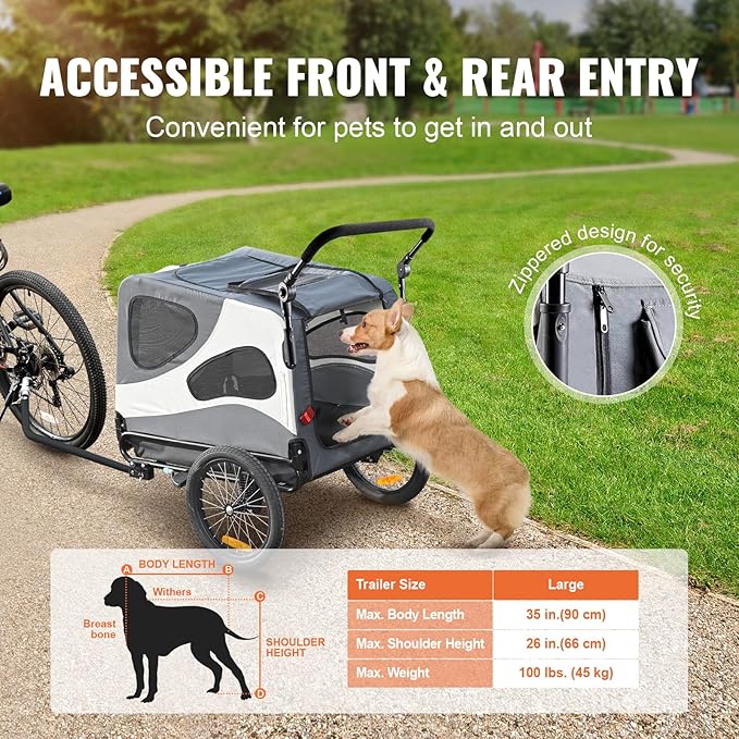 VEVOR Dog Bike Trailer, Supports up to 66/88/100 lbs, 2-in-1 Pet Stroller Cart Bicycle Carrier, Easy Folding Cart Frame with Quick Release Wheels, Universal Bicycle Coupler, Reflectors, Flag