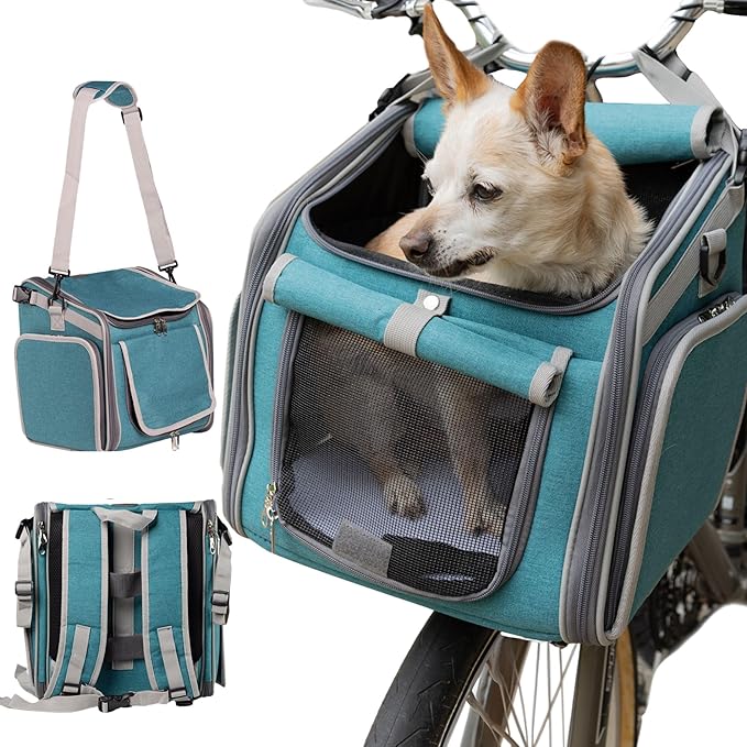 Dog Bike Basket, Mesh Windows, 2 Safety Leashes, Soft Sided, Safe Comfortable Pet Carrier for Small Dogs, Cats (Blue)