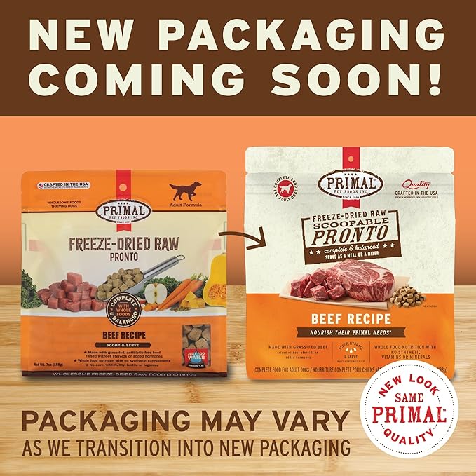 Primal Freeze Dried Dog Food Pronto, Beef; Scoop & Serve, Complete & Balanced Meal; Also Use as Topper or Treat; Premium, Healthy, Grain Free High Protein Raw Dog Food (16 oz)