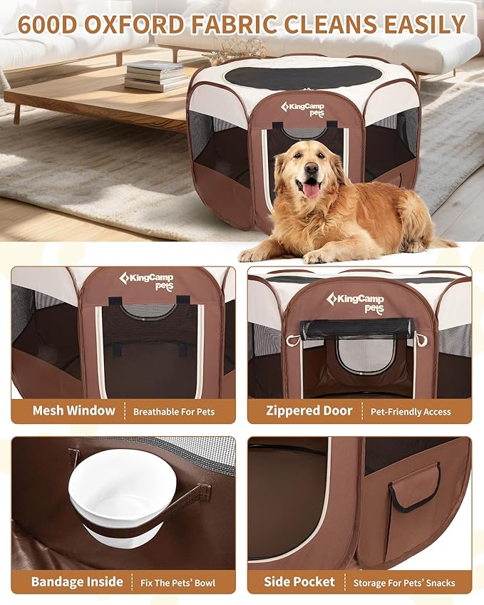 KingCamp Dog Playpen, Portable Foldable Cat Kitten Puppy Tent Crates 29"/36"/50" Pop Up Pet Playpen with Zippered Bottom & Cover for Indoor Outdoor Use (Medium, Khaki)