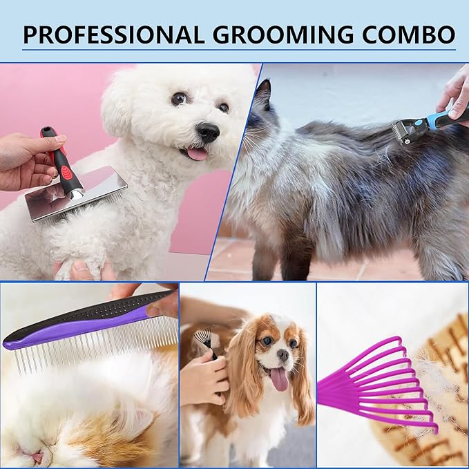 Extra Long Pin Slicker Brush for Large Dogs, Remove Loose Fur and Tangles; Dog Undercoat Rake for Shedding, 5-in-1 Dog Grooming Brush for Long Haired Dogs&Cats
