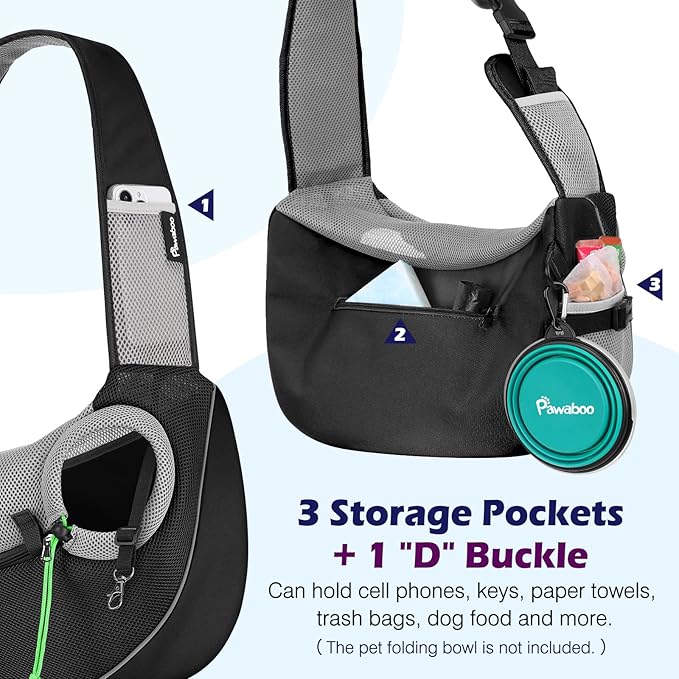 Pawaboo Pet Dog Sling Carrier, Hand Free Drawstring Dog Papoose with Adjustable Strap, Breathable Mesh Bag for Puppy Cat, Crossbody Satchel Dog Purse with Pocket for Outdoor Travel, Black, Small
