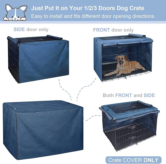 Explore Land Dog Crate Cover for 42 Inches Wire Cage, Heavy-Duty Lattice Pet Kennel Enclosure Compatible with 1 2 3 Doors Standard Metal Cage (Blue)