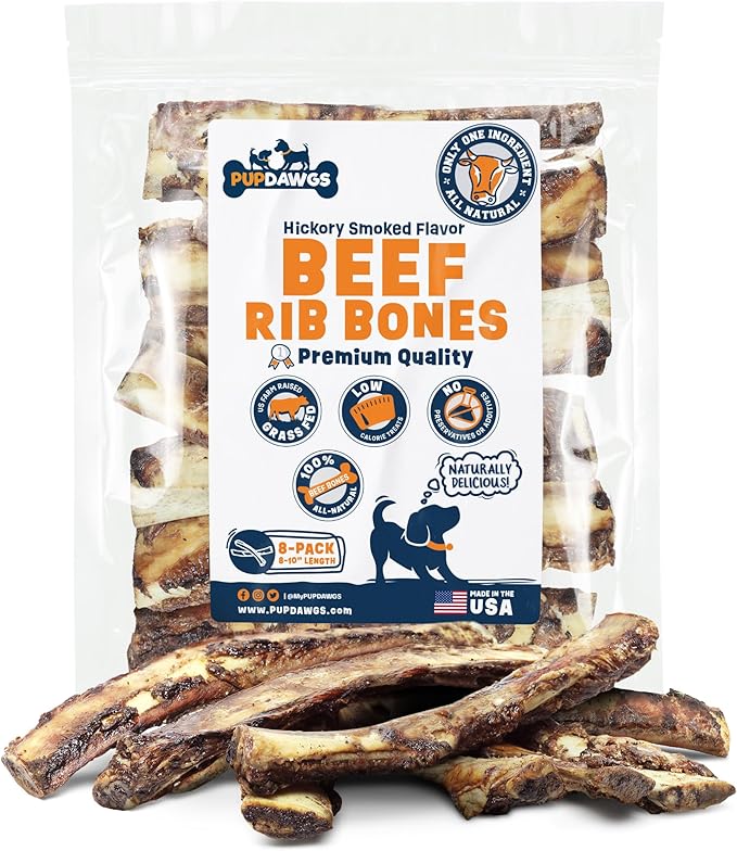 Single Ingredient Dog Bones - Made in USA – 8-10” Beef Rib Bones - Natural Dog Bones for Aggressive Chewers - from USDA Inspected Beef - Hickory Smoked - Individually Wrapped (8 Piece Pack)
