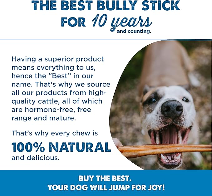 Best Bully Sticks 6 Inch All-Natural Bully Sticks for Dogs - 6” Easily Digestible, 100% Grass-Fed Beef, Grain and Rawhide Free | 15 Pack