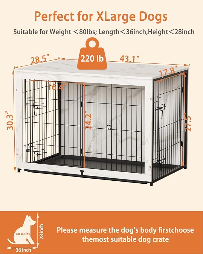 Megidok Wooden Dog Crate Furniture with Cushion, Dog Crate End Table with Tray, Double Doors Dog Crate(*L:43.1" L*28.6" W*30.3" H, Marble White)