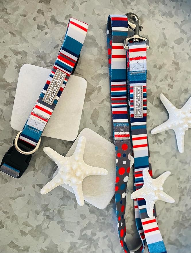 Lucky Love Dog, Nautical Dog Collar, Polka Dot Blue Red White Striped Collar for Male Female Dogs, Adjustable & Comfy - (Small, Linus Collar)