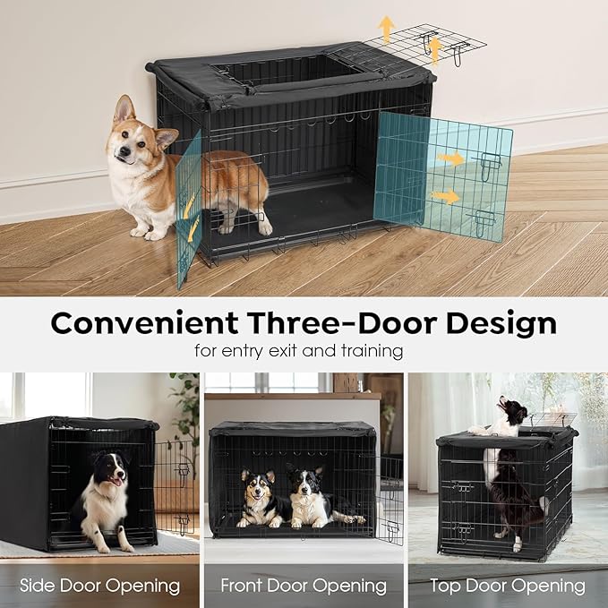 Veehoo 36 inch Dog Crate for Large Dogs with Three Doors & Cover-Metal Wire Dog Cage Kennels & Houses for Puppy&Cat, Indoor Outdoor Collapsible Metal Contour Dog Crate Kennels Kit with Removable Tray