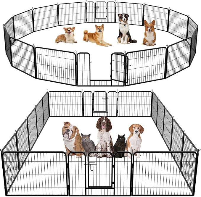 FDW Dog Playpen Dog Pen Dog Kennel 16 Panels 24 Inch Height Indoor Outdoor Folding Metal Portable Puppy Exercise Pen Heavy Duty Dog Fence for Yard Camping,Black