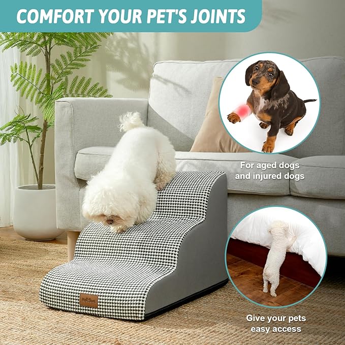 Dog Stairs for Small Dogs, Curved Pet Step with Leakproof Cover, High Density Foam Cat Ramp for Bed or Sofa, Lightweight, Durable, Comfort, 15.7x22.4x15.7 inch, 3 Tiers, White Black