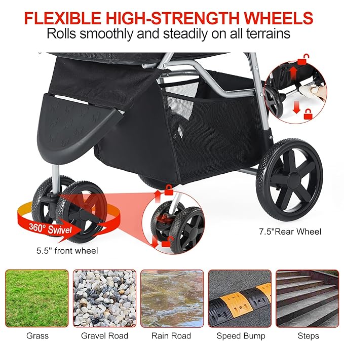 Pet Stroller, Cat Dog Stroller with Storage Basket Foldable Lightweight Dog Carrier Trolley Jogging Stroller, 3 Wheel, Balck