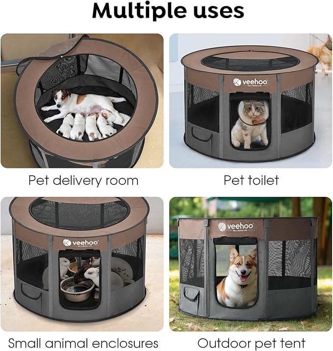 Veehoo Portable Puppy Playpen, Pet Kitten Playpen for Indoor Portable PopUp Dog Kennel Foldable Playpen Outdoor Tent Crate with Carrying Case for Kitten Puppy Small Animal,Coffee 35.8"Lx35.8"Wx22.8"Th