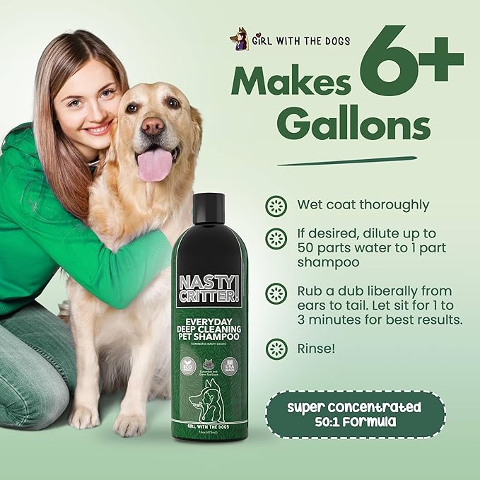 Fluff Off! by Girl With The Dogs, Natural Deshedding Dog & Cat Conditioner 16 Oz and Nasty Critter! Everyday Deep Cleaning Dog Shampoo 16 Oz