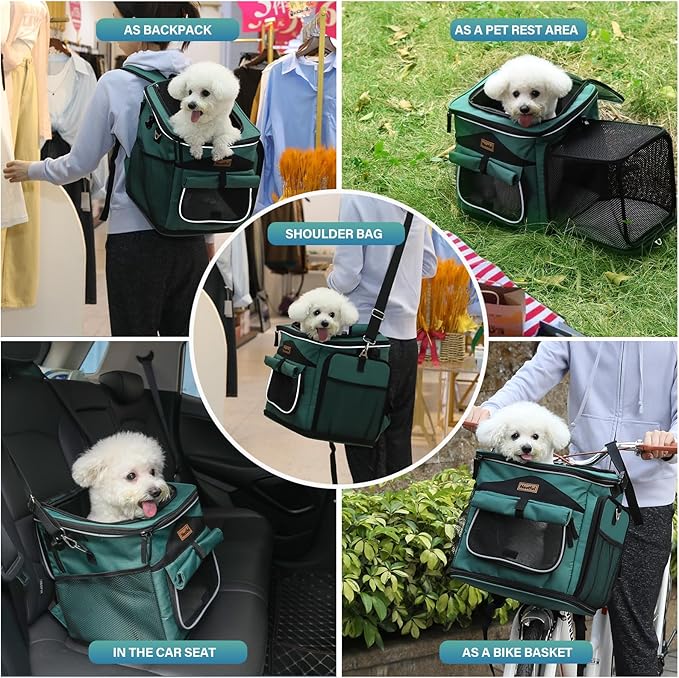 Dog Bike Basket Carrier, Expandable Foldable Dog Basket for Bike, Soft-Sided Dog Bike Carrier Pet Travel Bag, Bike Dog Carrier Backpack Carrier Safe and Easy for Small Cats and Dogs (Green)