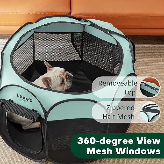 Love's Cabin Pet Puppy Playpen, Medium Dog Tent Crate, Portable Foldable Pop Up Dog Kennel with Carrying Case, Removable Zipper Top, Green