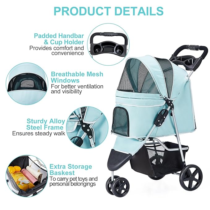 Pet Stroller for Medium Small Dogs and Cats, Folding Puppy Stroller Dog Cat Cage Jogger Stroller with Cup Holder and Storage Basket, 3 Wheels, Light Blue