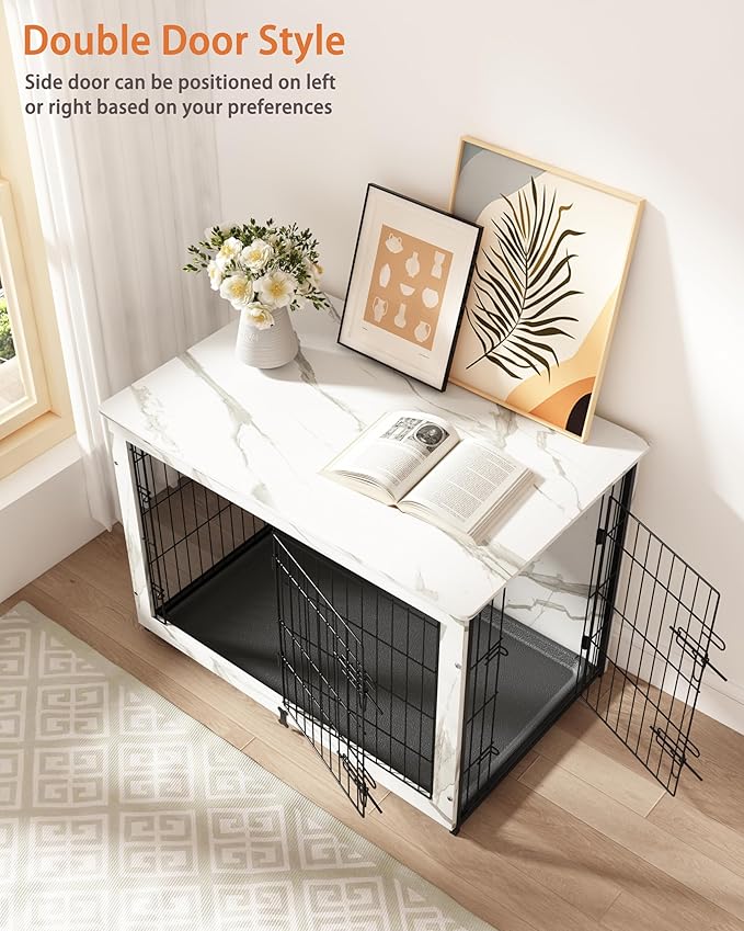 Megidok Wooden Dog Crate Furniture with Cushion, Dog Crate End Table with Tray, Double Doors Dog Crate Furniture Style, Decorative Dog Kennels Indoor for Small to Medium Dog-Marble White, 32*22*26.5