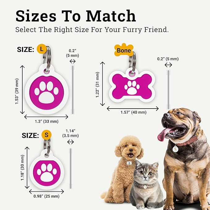 QR Code Dog Tag Silent Id Pet Tags Personalized Name Plate with Online Profile (Large, Pink Paw)