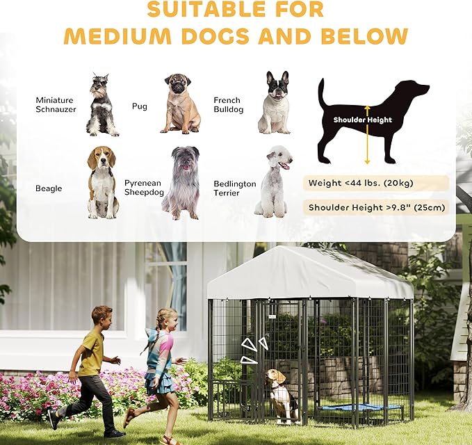 PawHut 5.9' x 4' x 6' Outdoor Dog Kennel, Welded Wire Heavy Duty Dog Run with 360° Rotating & 4 Level Adjustable Bowls, Dog Kennel Outside with Waterproof & UV Resistant Cover, for S&M Dogs