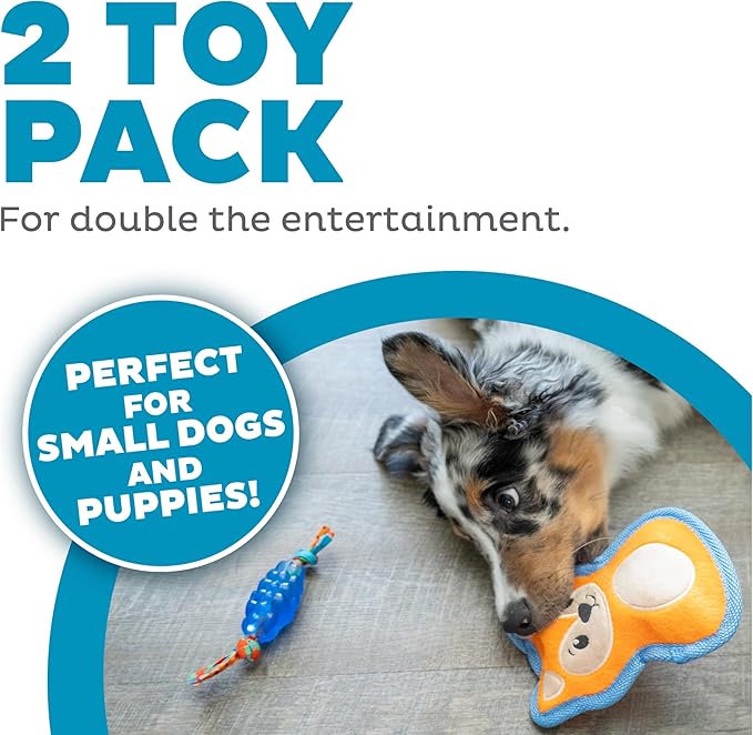 Petstages Mini Orka & Friends Fox Dog Toys 2-Pack – Dental Dog Chew Toy and Tough Plush Squeaky Dog Toy, Orange, XS