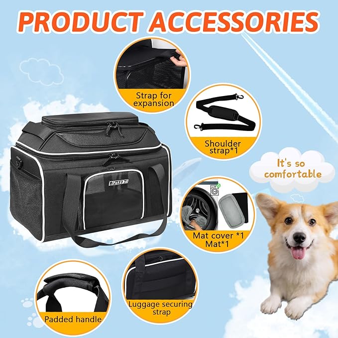 Petskd Top and Side Expandable Pet Carrier 18x13x9.5 Inches Southwest Allegiant Airline Approved, Soft-Sided Carrier for Small Cats and Dogs with Locking Safety Zippers and Anti-Scratch Mesh(Black)