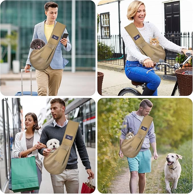 CUBY Dog and Cat Sling Carrier, Hands Free Reversible Pet Papoose Bag, Soft Pouch Adjustable, Suitable for Puppy Cats for Outdoor Travel (Khaki Mesh, one Size mesh)