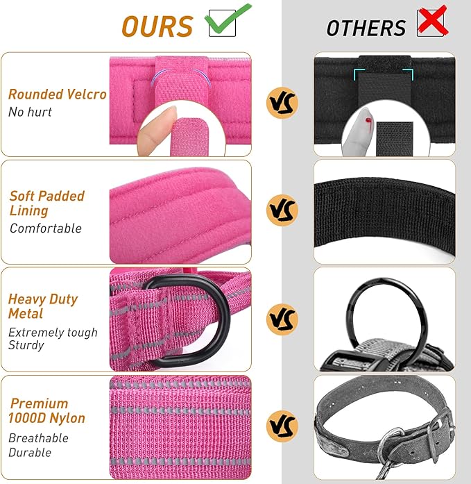 AUBELL Reflective Dog Collar, Tactical Dog Collar for Medium Dogs, Heavy Duty Dog Collars with Handle and Metal Buckle Great for Female Dogs Training, with Airtag case and 2 Patches(Pink, L)