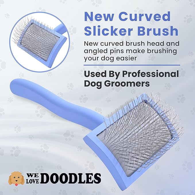 We Love Doodles Dog Slicker Brush for Grooming Pet Hair - Best Brushes For Poodle & Golden Doodle - Long Haired Brush For Dogs - Goldendoodle Long Pin Brush For Dematting (Medium Curved)
