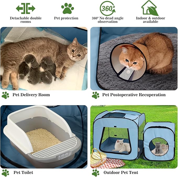 Royizen Puppy Cat Tent Playpen Foldable Waterproof Dog Crate Kennel Indoor Outdoor Portable Playpen Kitten and Small Pets Pop Up Kennel Cat Travel Carrier with Litter Box Enclosure, Light Blue