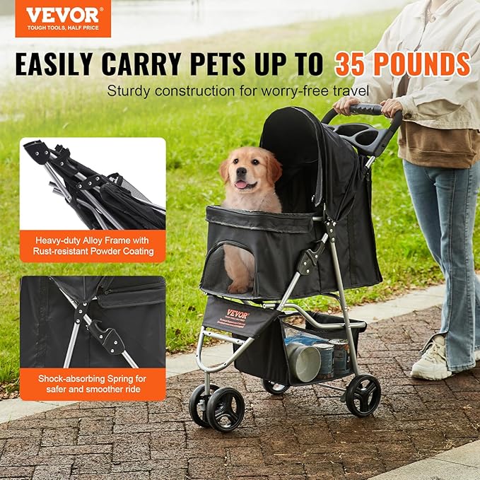 VEVOR Pet Stroller for Dogs and Cats up to 35lbs, 3 Wheels Folding Dog Cat Stroller for Medium Small Dogs, Portable Lightweigh Puppy Doggy Doggie Jogging Stroller with Storage Basket and Cup Holder