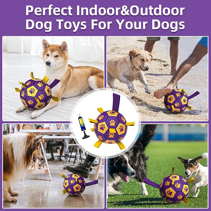 QDAN Dog Ropes Toys Soccer Ball with Straps, Interactive Dog Toys for Tug of War, Puppy Birthday Gifts, Dog Tug Toy, Dog Water Toy, Durable Dog Balls for Medium & Large Dogs(8 Inch)