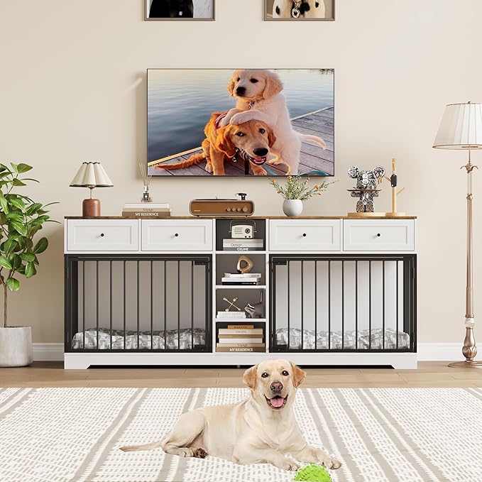 IDEALHOUSE 82” Large Dog Crate for 2 Dogs, Dog Kennel Indoor with 4 Drawers and Shelves, Double Dog Crate Furniture TV Stand, Wooden Heavy Duty Dog Crate for Medium Large Dogs, White